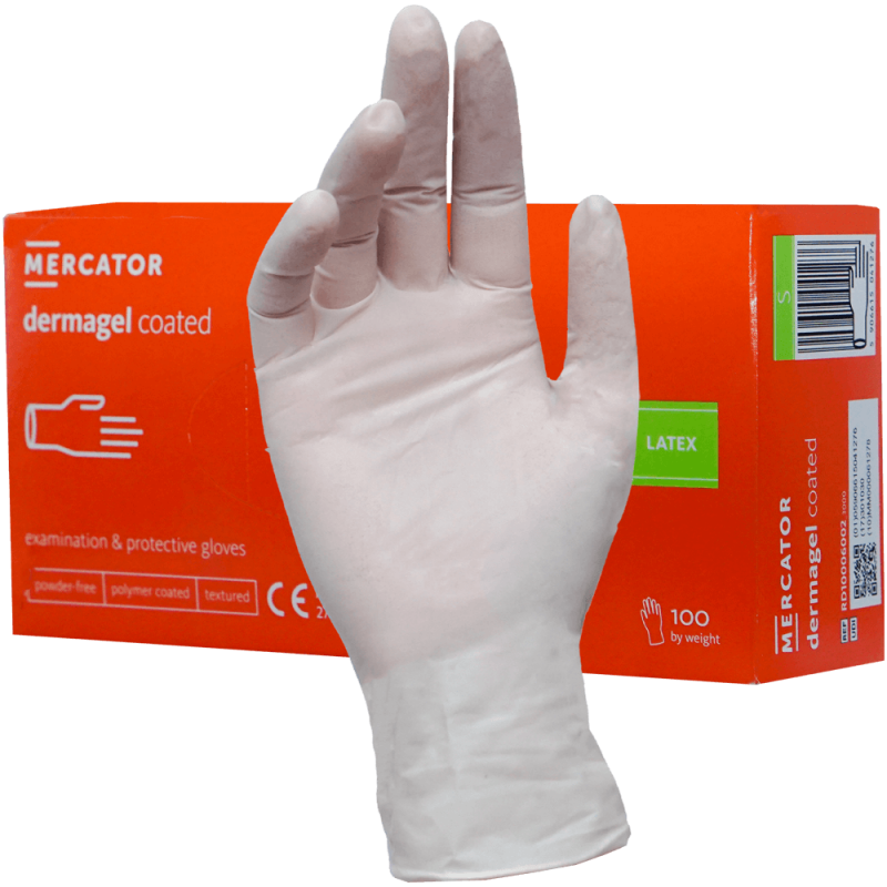 Manusi latex nepudrate S albe pentru examinare Dermagel Coated Mercator